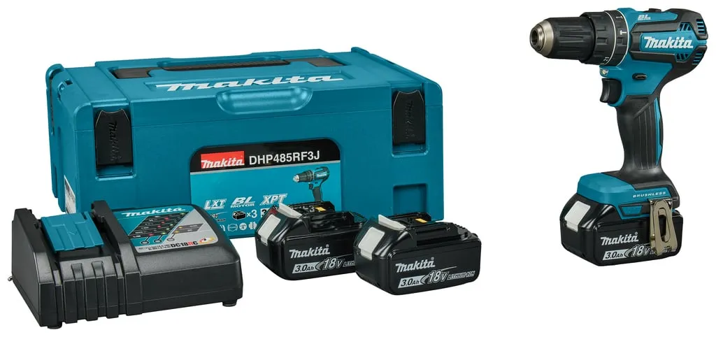 MAKITA DHP485RF3J 18V KLOPBOOR EN SCHROEFMACHINE BRUSHLESS 3,0 AH ACCU (3 ST), SNELLADER, MBOX